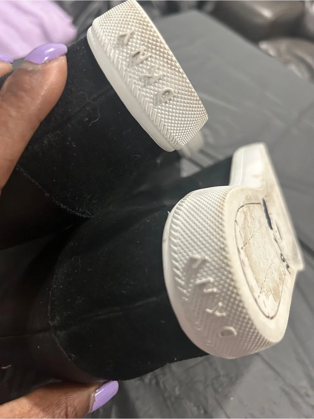 DKNY womens Black & White Leopard Knit Slip-On Sneakers with Logo Strap